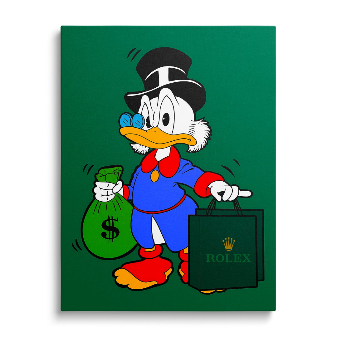 Pop art motivační obraz na zeď s Kačerem Skrblíkem v modrém obleku, vak se znakem dolaru a taška Rolex