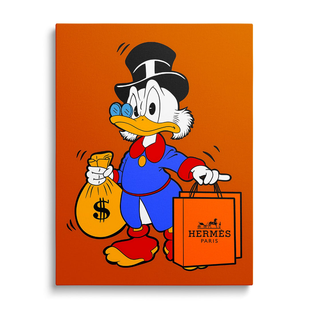 Pop art obraz na zeď s Kačerem Skrblíkem držícím pytel peněz a luxusní tašku Hermès