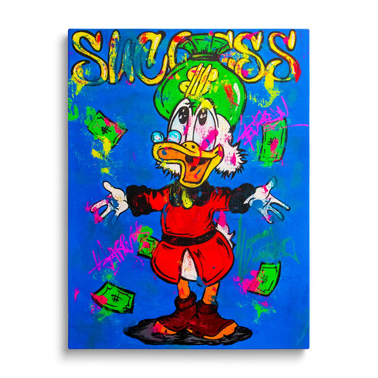 Motivační pop art obraz na plátně s Kačerem Skrblíkem, modré pozadí a létající bankovky