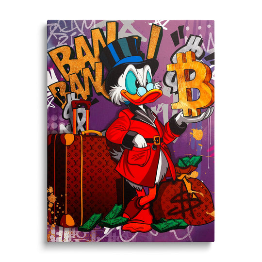 Motivační pop art obraz Kačera v červeném kabátě se zlatým symbolem Bitcoinu, bankovkami a graffiti v pozadí