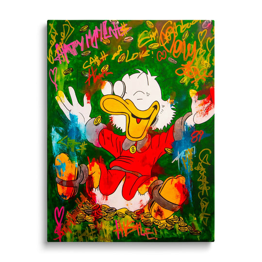 Moderní pop art obraz na plátně s Kačerem Skrblíkem, graffiti motivem peněz a padajících mincí
