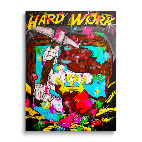 Luxusní pop art obraz na zeď s Kačerem Skrblíkem těžícím zlaté mince v neonových barvách