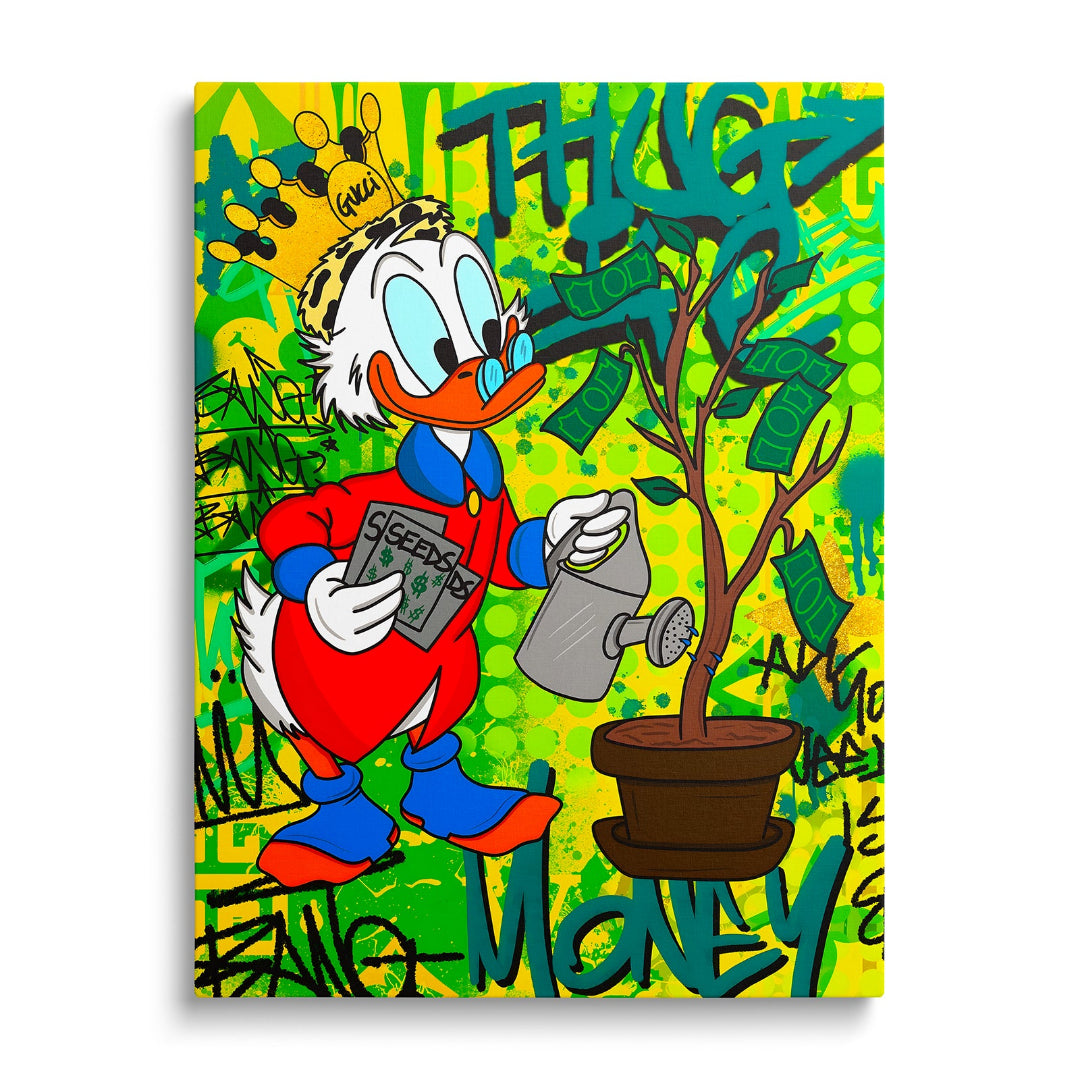 Motivační obraz na plátně s Kačerem Skrblíkem zalévajícím strom z bankovek, pop art styl