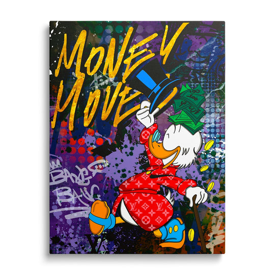 Luxusní pop art obraz na plátně s Kačerem Skrblíkem, motivem peněz a graffiti jako motivační obraz na zeď