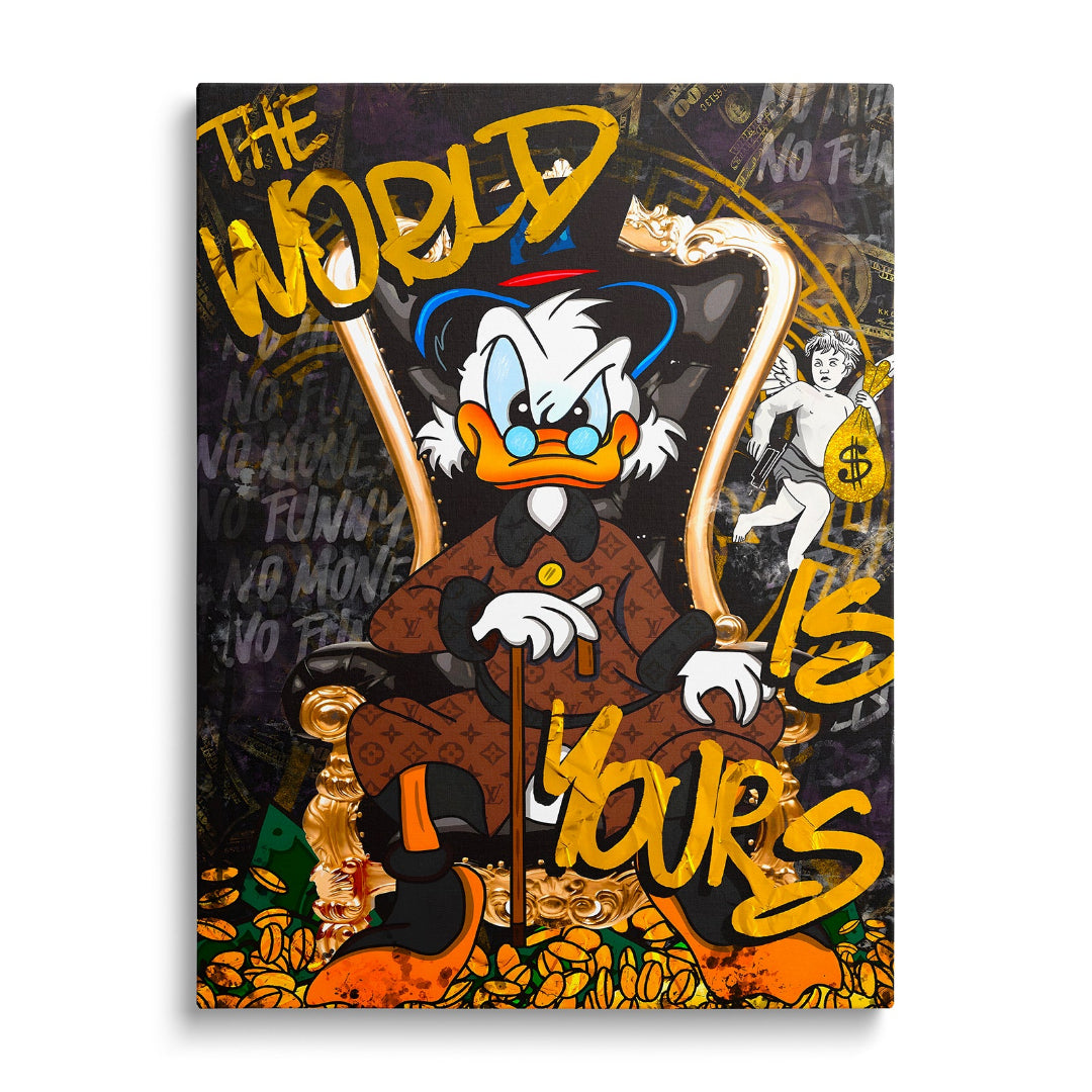 Pop art obraz na zeď Kačer Skrblík na trůně, graffiti motiv dolarů a nápis The World is Yours, obraz zepředu