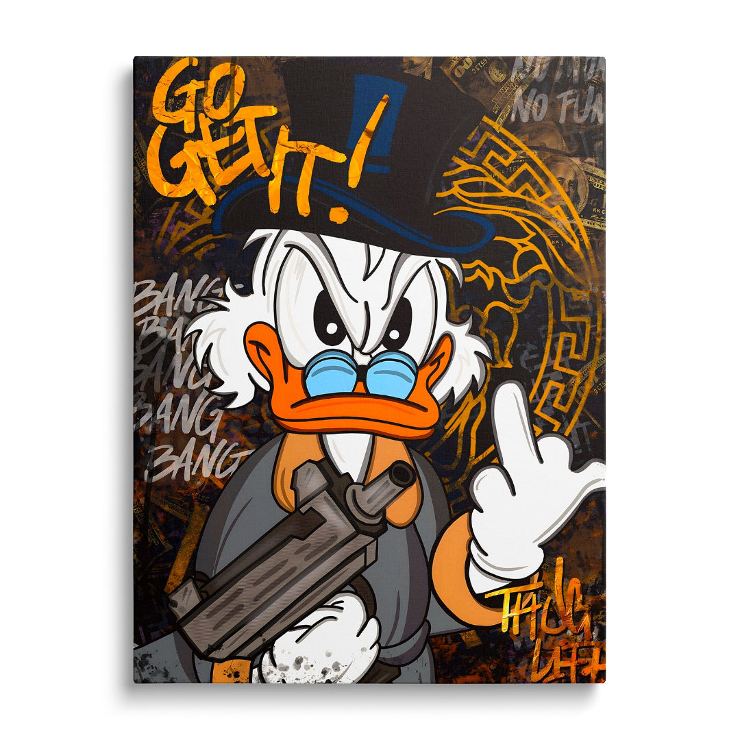 Motivační pop art obraz na plátně s kačerem v klobouku, graffiti nápisem Go Get It a motivem peněz