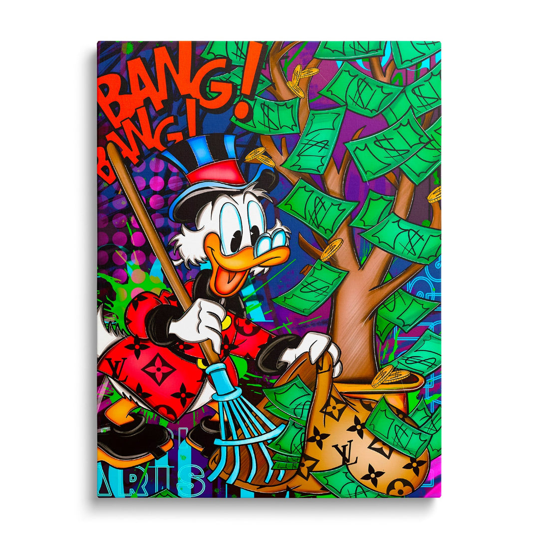 Motivační obraz Kačera Škrblíka v pop art stylu, sbírajícího dolary z peněžního stromu