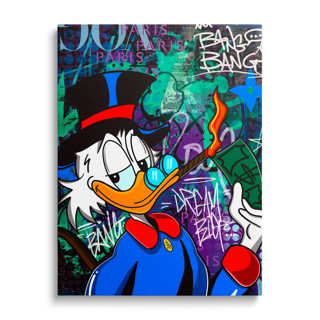 Motivační pop art obraz na plátně s Kačerem Skrblíkem, graffiti prvky a hořícím dolarem, obraz zepředu