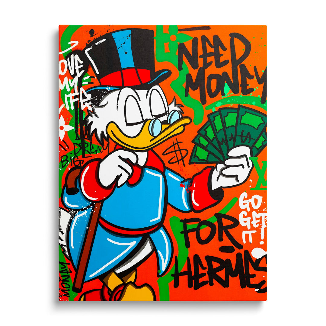 Motivační pop art obraz na plátně s Kačerem Skrblíkem, bankovkami a graffiti citátem zepředu