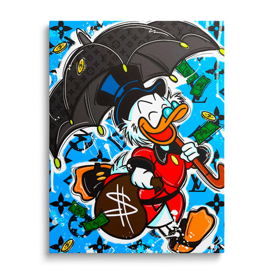Luxusní pop art obraz na plátně s Kačerem Skrblíkem a pršícími bankovkami na Louis Vuitton pozadí