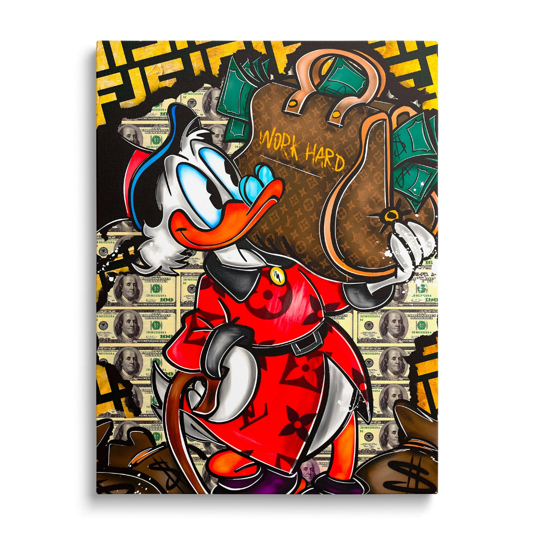 Pop art luxusní obraz na plátně s Kačerem Skrblíkem a bankovkami v popředí, motivační obraz na zeď