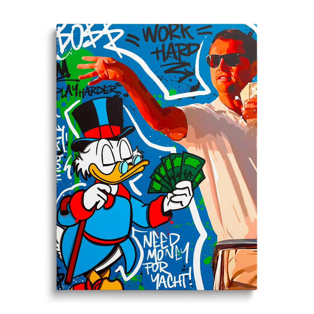 Motivační pop art obraz na plátně s Kačerem Skrblíkem držícím bankovky a graffiti nápisem Work Hard