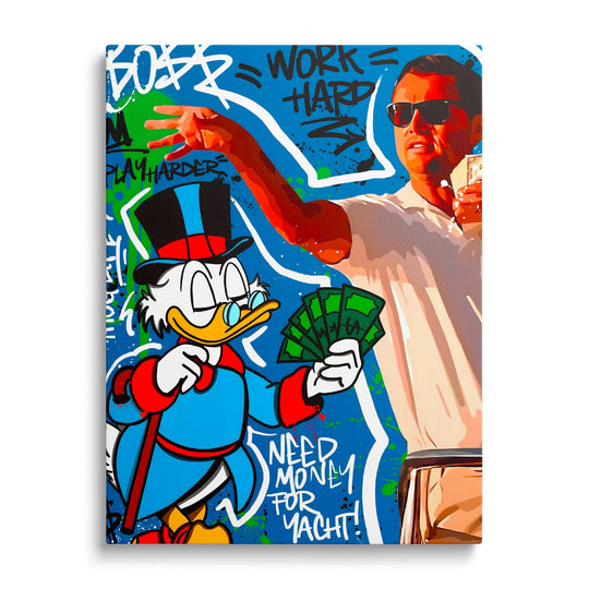Motivační pop art obraz na plátně s Kačerem Skrblíkem držícím bankovky a graffiti nápisem Work Hard