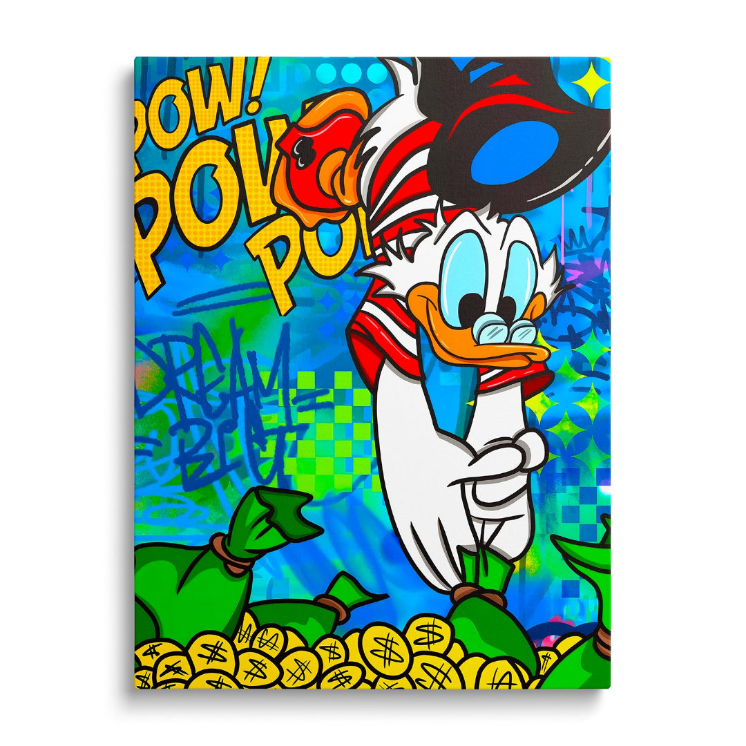 Motivační pop art obraz na plátně s Kačerem Skrblíkem obklopeným penězi na barevném street art pozadí