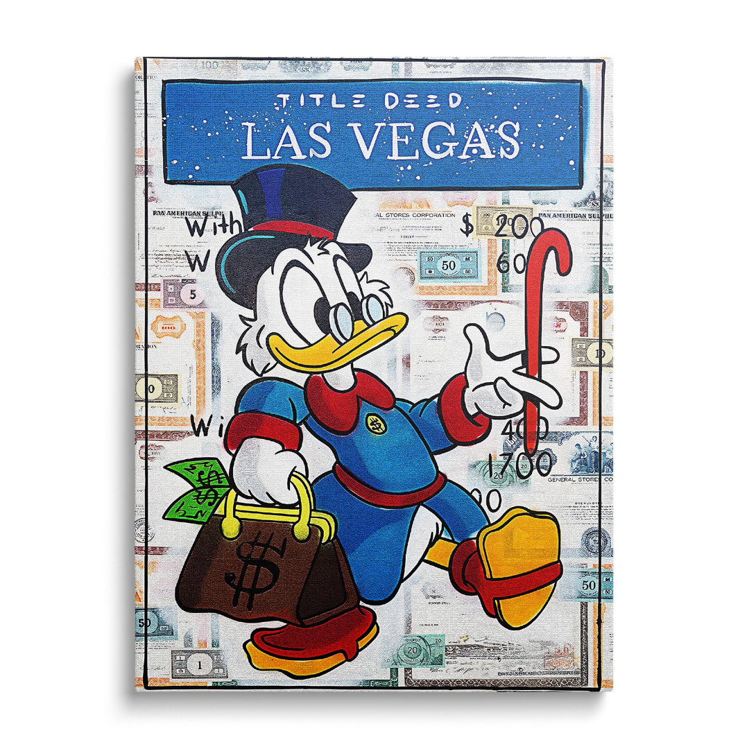 Motivační pop art obraz na plátně s Kačerem Skrblíkem nesoucím bankovky, obraz zepředu.