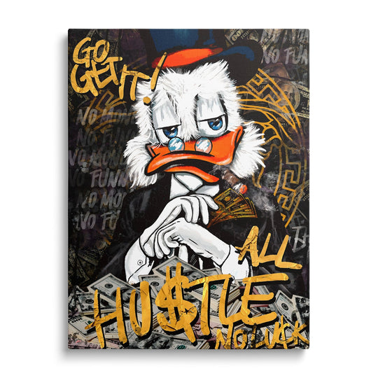Motivační obraz na plátně s pop art Kačerem Skrblíkem, graffiti nápisem a motivem bankovek