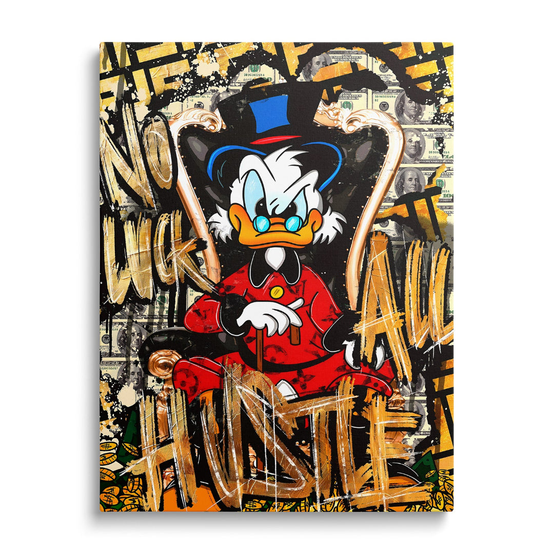 Motivační obraz Kačera Skrblíka v pop art stylu na zlatém křesle obklopeném penězi