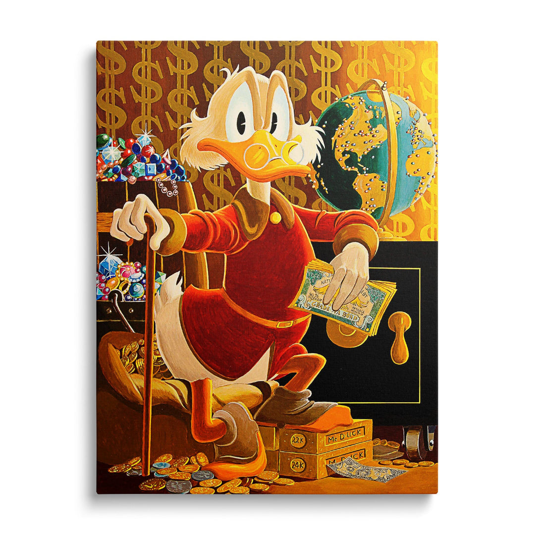 Motivační pop art obraz na plátně s Kačerem Skrblíkem obklopeným zlatými cihlami, mincemi a dolarovými bankovkami