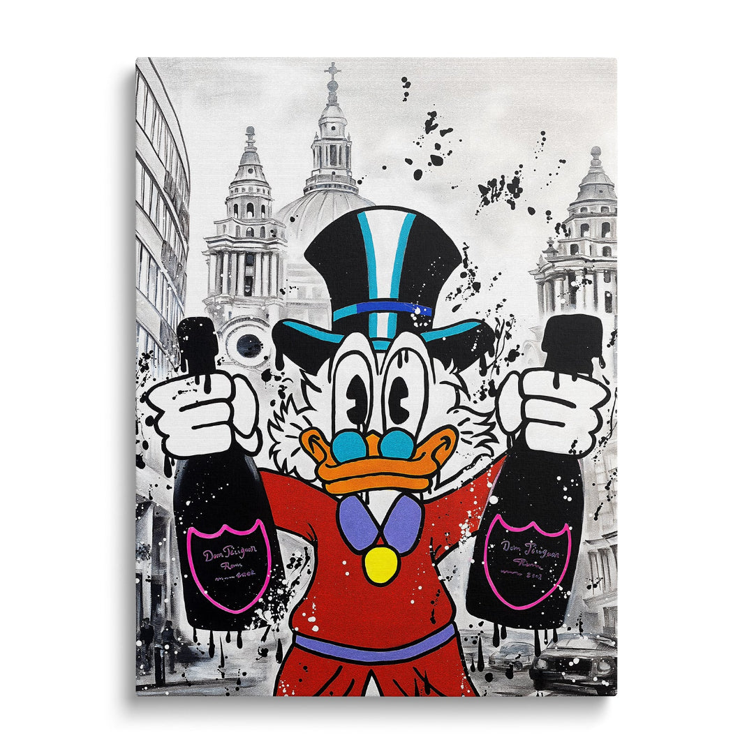Pop art obraz na plátně s Kačerem Skrblíkem a dvěma láhvemi šampaňského v luxusním street art stylu, obraz zepředu