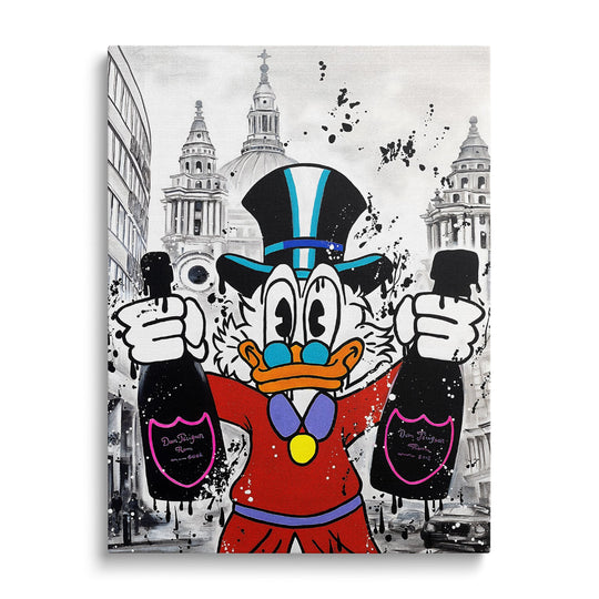 Pop art obraz na plátně s Kačerem Skrblíkem a dvěma láhvemi šampaňského v luxusním street art stylu, obraz zepředu