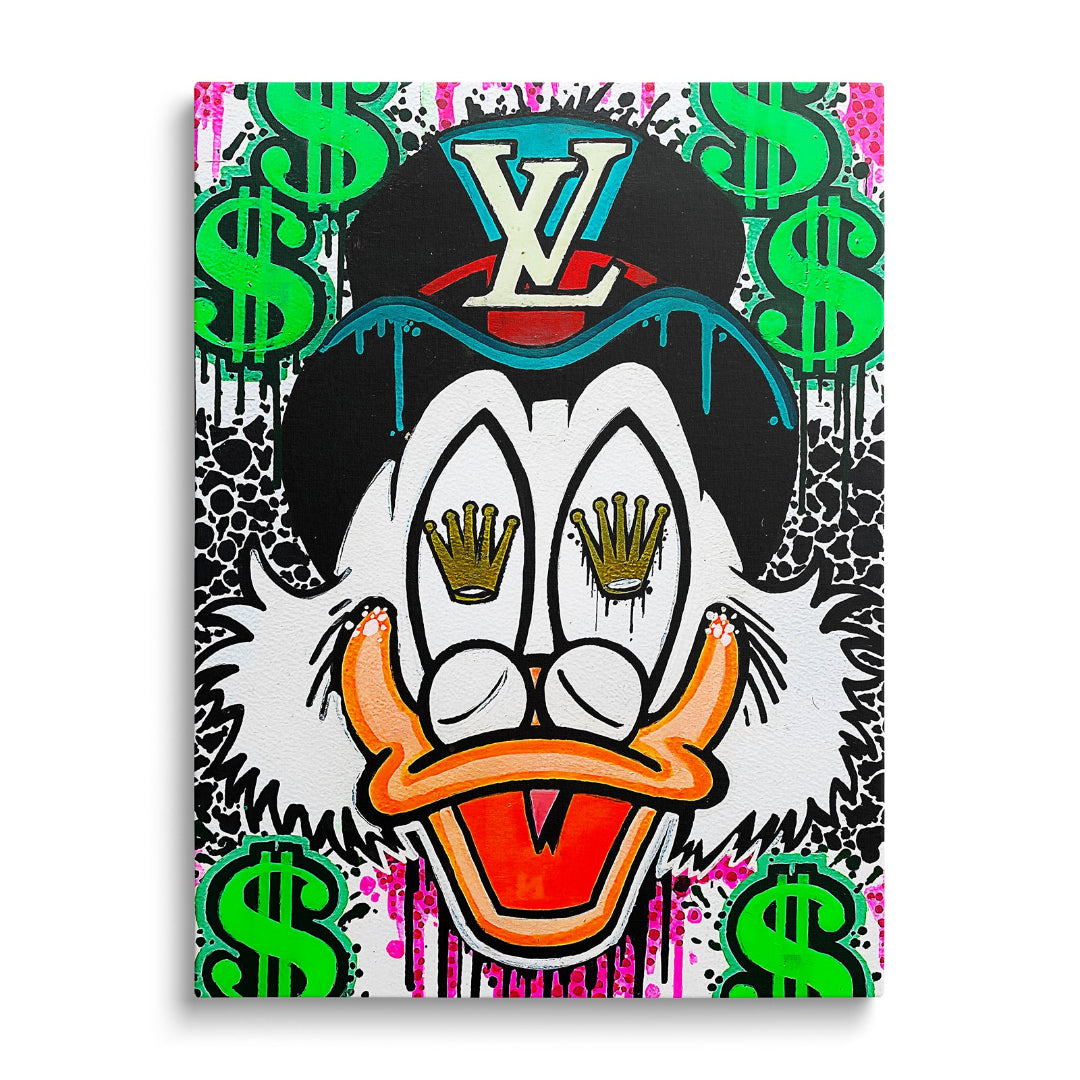 Luxusní pop art obraz na zeď se street art kačerem, LV logem, korunami v očích a dolarovými motivy