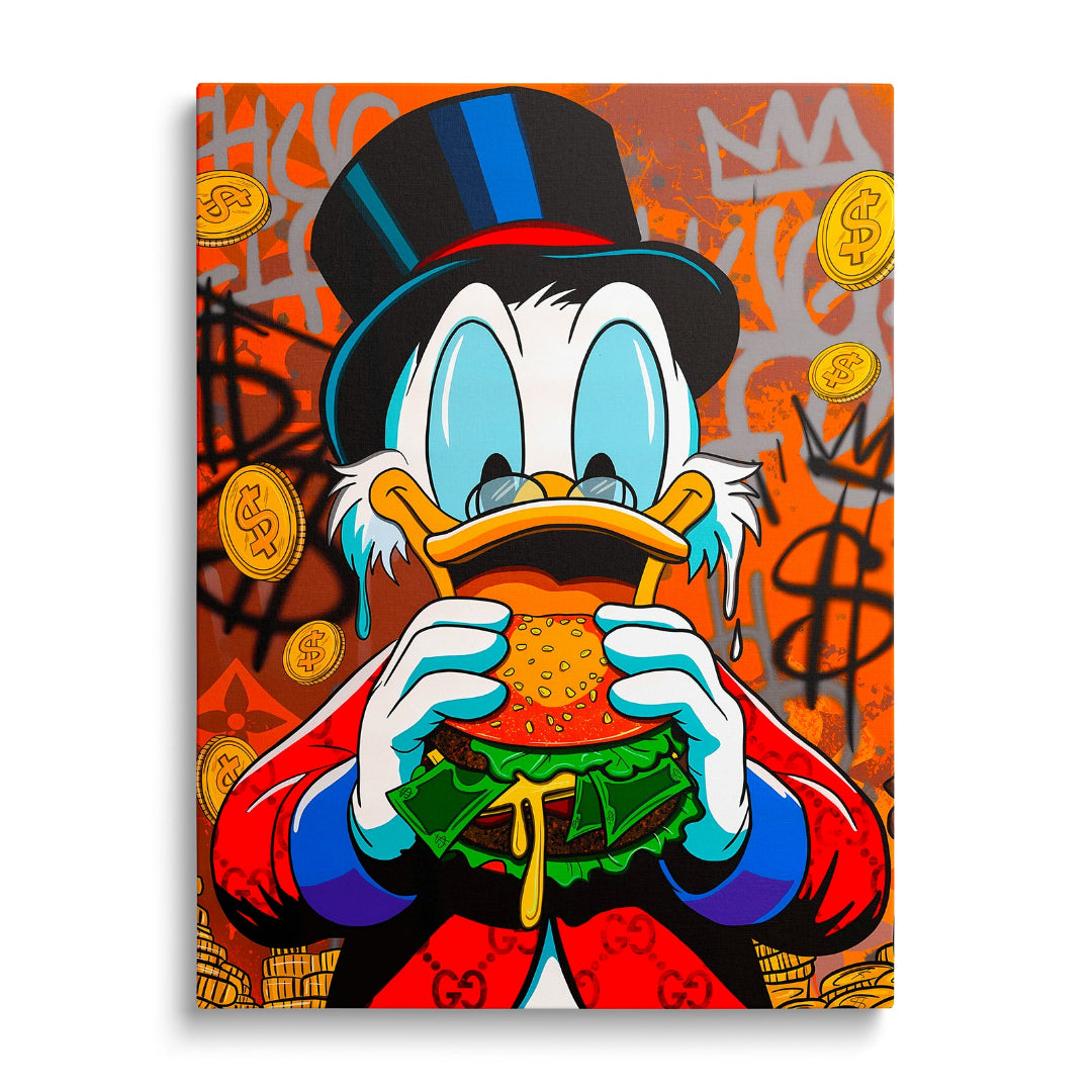 Luxusní pop art obraz na plátně s Kačerem Skrblíkem, hamburgerem z bankovek a graffiti dolary v pozadí