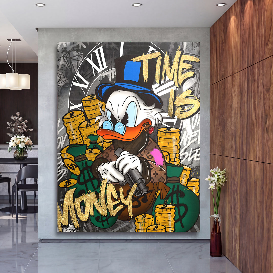 Motivační obraz Kačer Skrblík · Time Is Money – ukázka v interiéru.