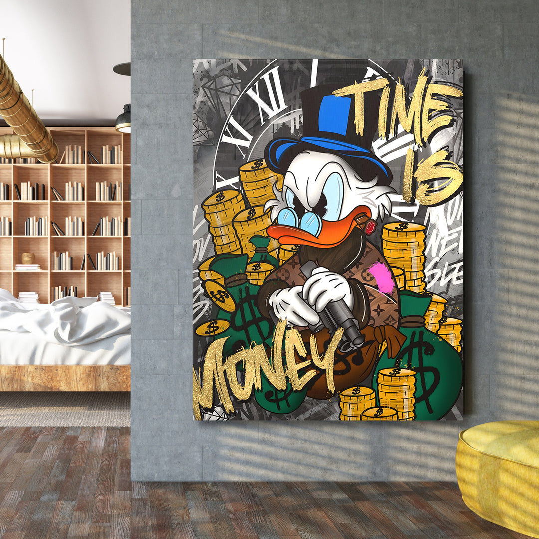 Motivační obraz Kačer Skrblík · Time Is Money – ukázka v interiéru.