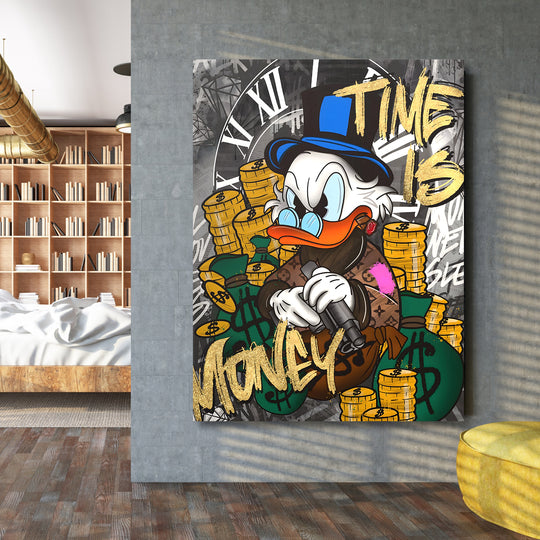 Motivační obraz Kačer Skrblík · Time Is Money – ukázka v interiéru.