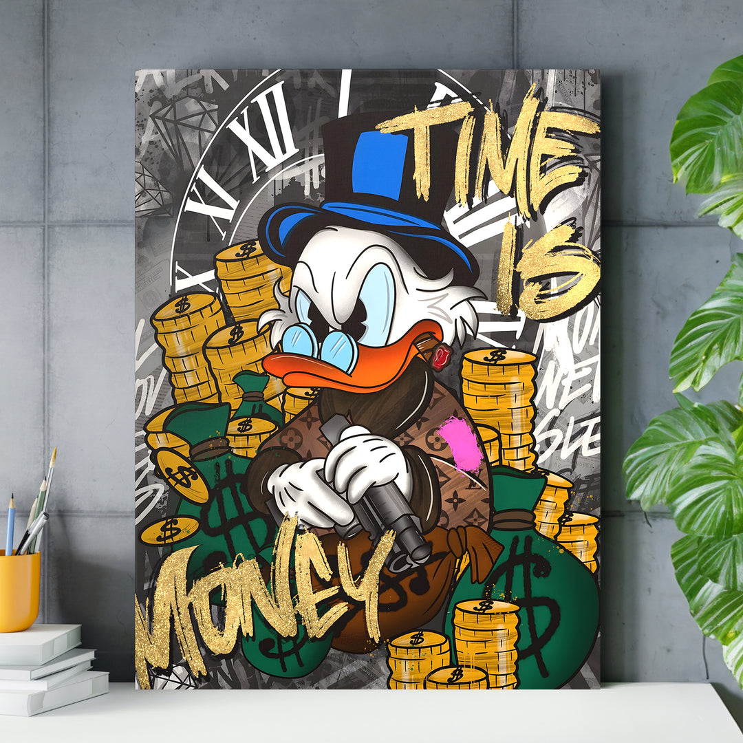 Motivační obraz Kačer Skrblík · Time Is Money – ukázka v interiéru.