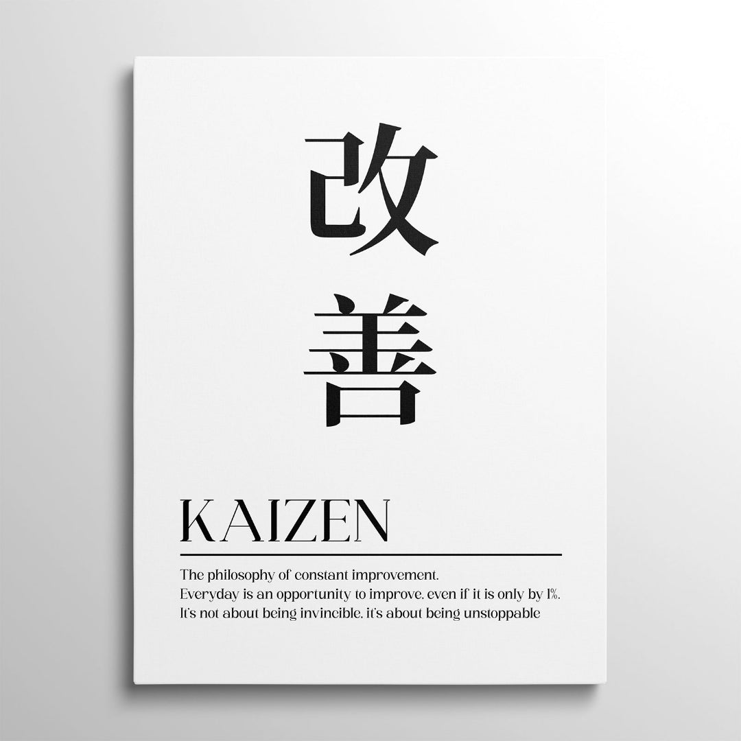 Motivační obraz na plátně s černobílým minimalismem, japonskými znaky Kaizen a inspirativním citátem