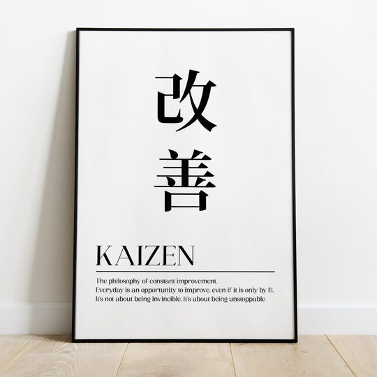 Motivační obraz na plátně s japonskými znaky a anglickým citátem v minimalistickém lifestyle interiéru
