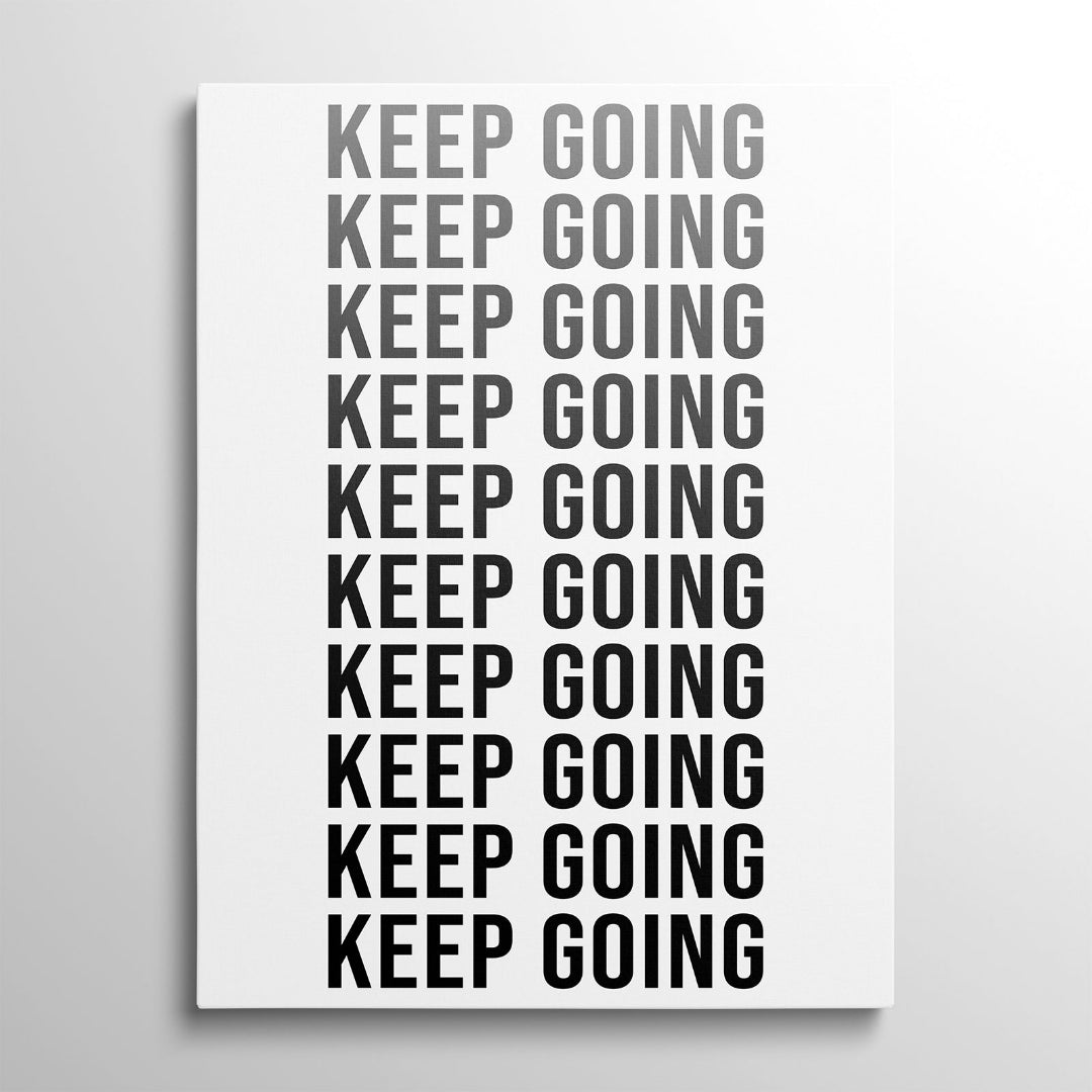 Motivační obraz na plátně s opakovaným černobílým nápisem KEEP GOING v minimalistickém designu