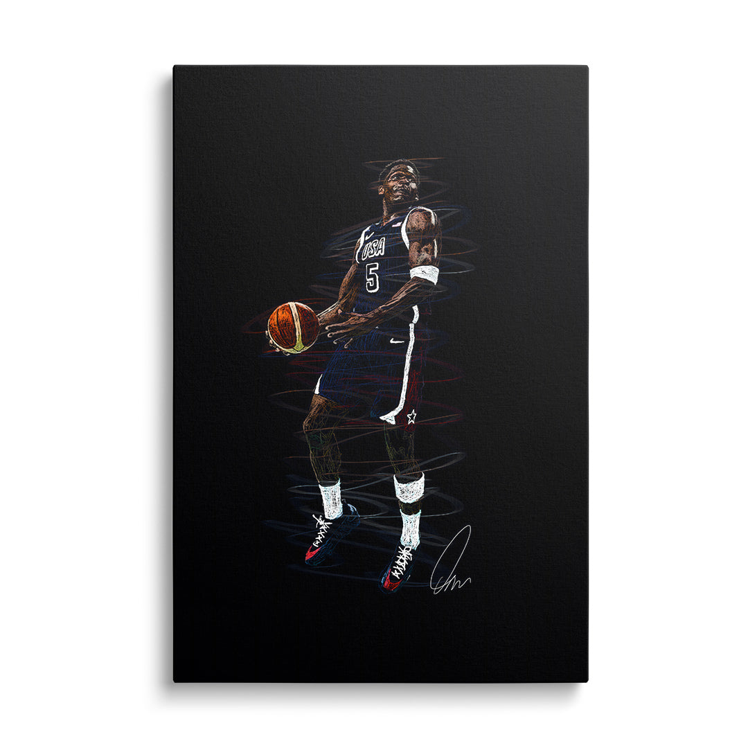 Motivační obraz basketbalisty v dresu USA #5, dynamická hra, sportovní výkon a bílé tenisky Nike