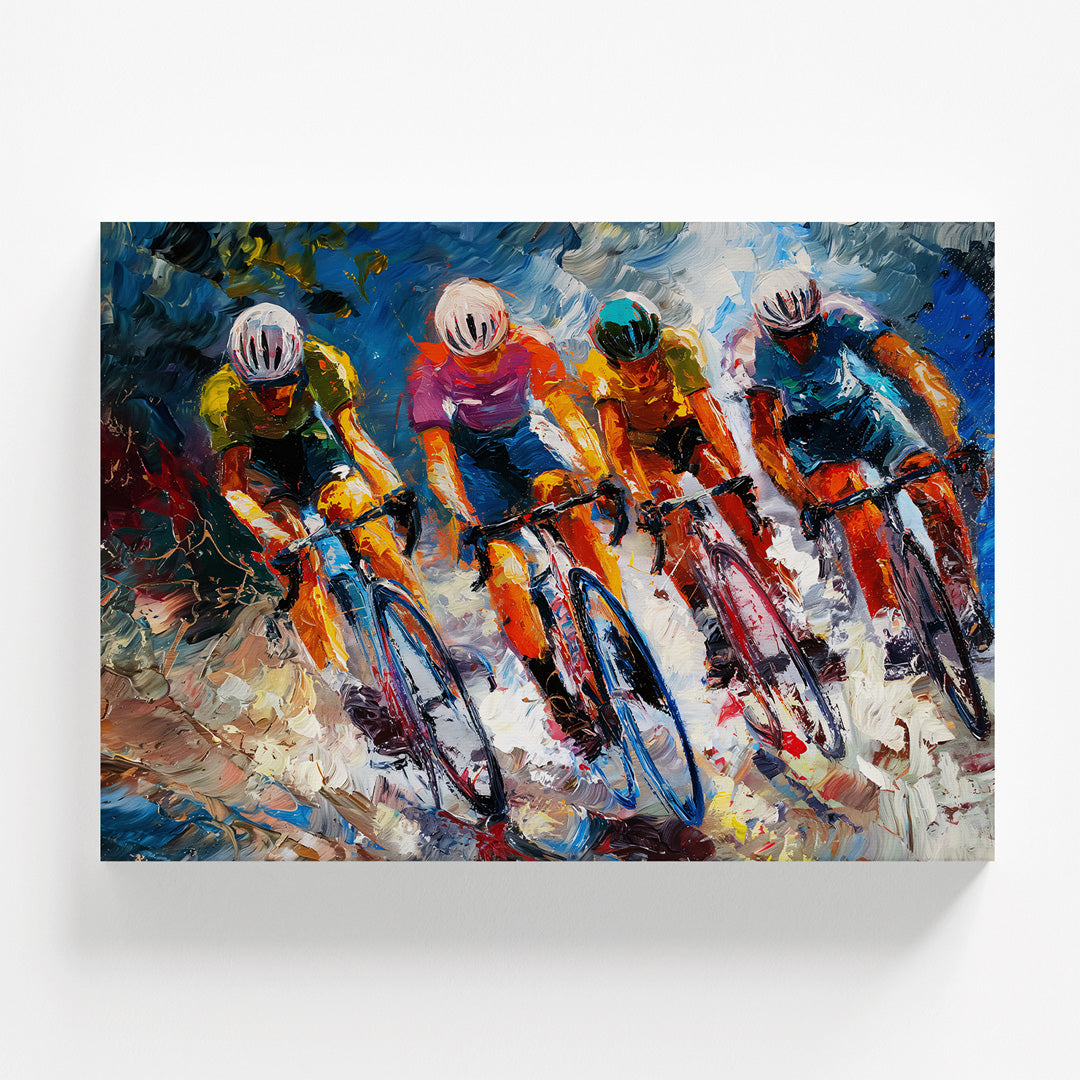 Motivační obraz na zeď s abstraktním cyklistickým závodem v dynamickém impasto malířském stylu, pohled zepředu