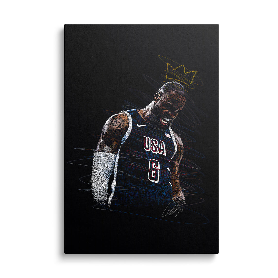 Motivační pop art obraz na plátně s basketbalistou v USA dresu a zlatou korunou, moderní street art styl