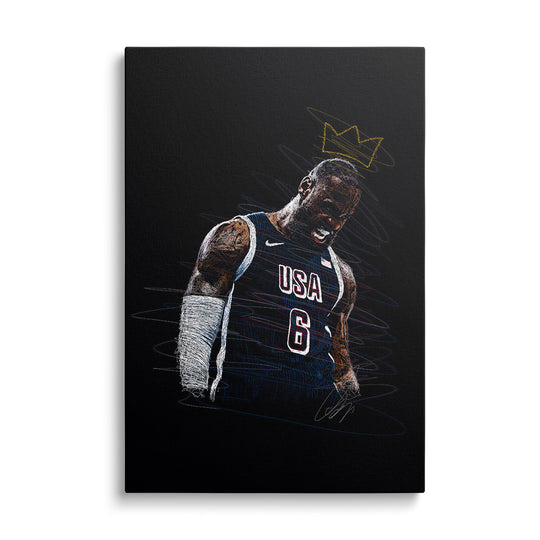 Motivační pop art obraz na plátně s basketbalistou v USA dresu a zlatou korunou, moderní street art styl