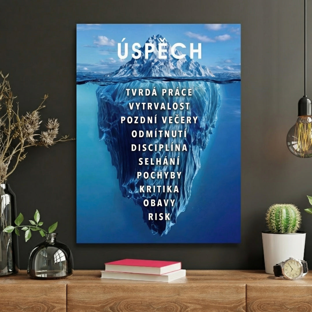 Motivační obraz na zeď do pracovny s fotorealistickým ledovcem a textem cesta od obětí k úspěchu