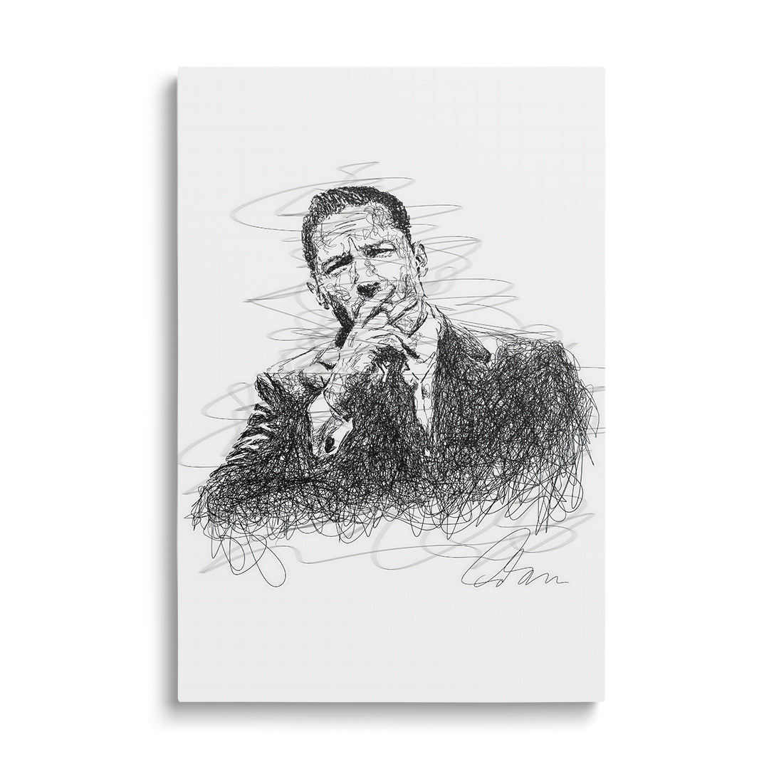 Motivační obraz muže v obleku s rukou u úst, černobílá expresivní skica v minimalistickém stylu