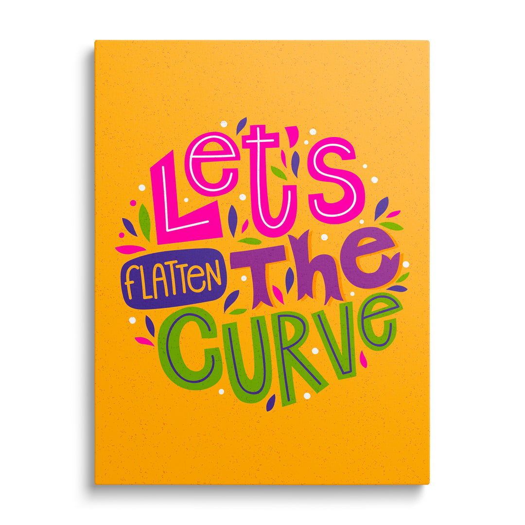 Pop art obraz na plátně s motivačním nápisem Let’s Flatten the Curve, barevná grafika z čelního pohledu