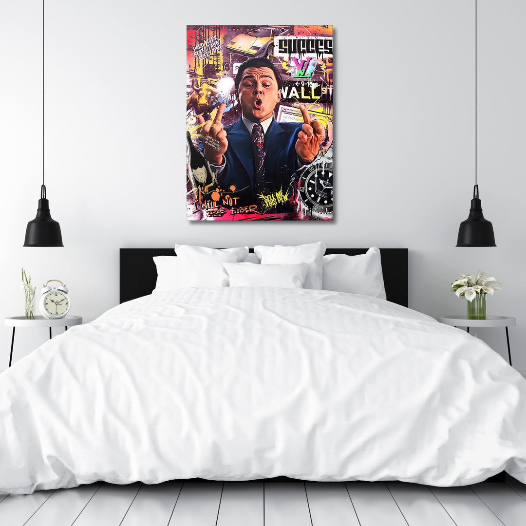 Motivační pop art obraz na plátně do ložnice s Wolf of Wall Street, Lamborghini, hodinkami a motivem peněz