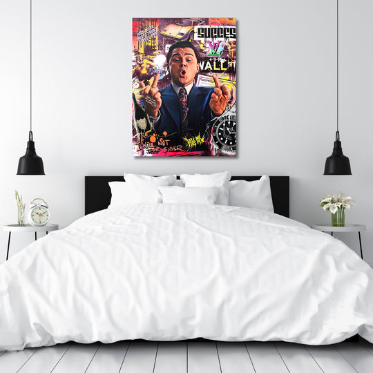 Motivační pop art obraz na plátně do ložnice s Wolf of Wall Street, Lamborghini, hodinkami a motivem peněz