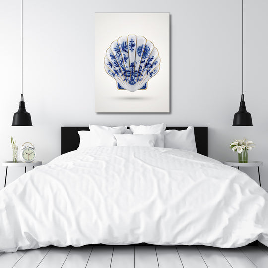 Motivační obraz na plátně s delftskou modrobílou mušlí v ložnici, minimalistický moderní design
