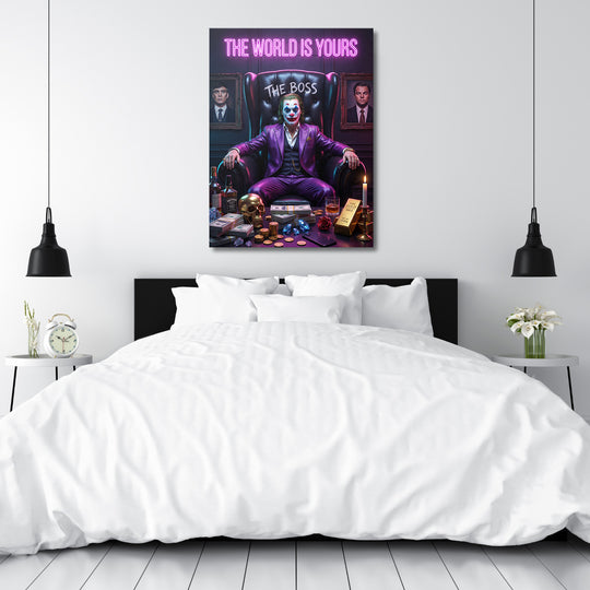 Motivační pop art obraz na zeď s klaunem v purpurovém obleku, neonovým citátem, penězi, zlatem a lebkou