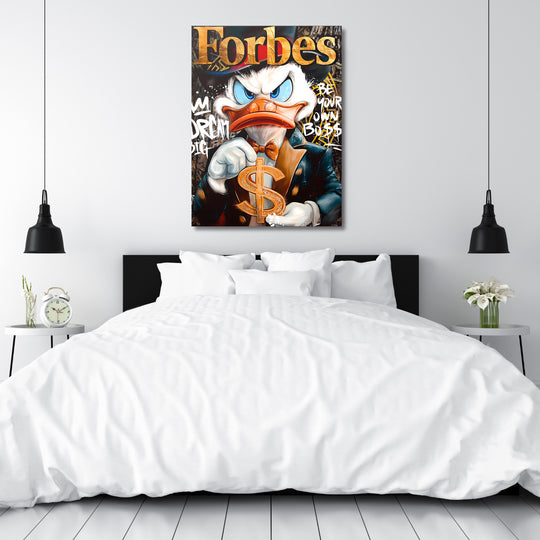 Motivační pop art obraz na zeď do ložnice s kačerem ve stylu titulky Forbes držícím zlatý dolar