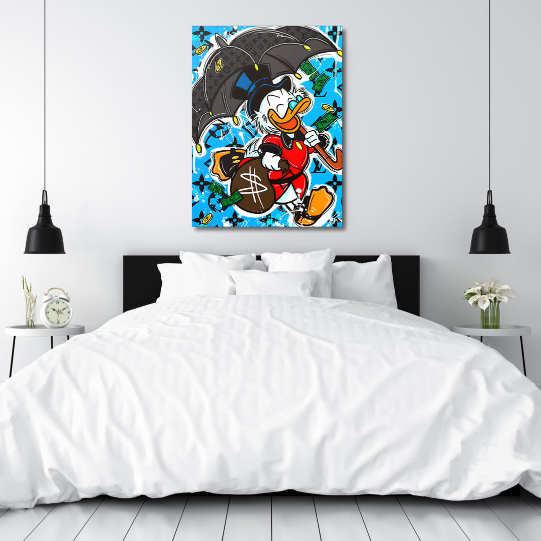 Pop art obraz na zeď do ložnice s kačerem pod deštníkem a létajícími bankovkami jako money lifestyle motivace