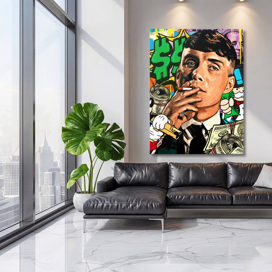 Pop art obraz na plátně v obýváku s portrétem muže kouřícího cigaretu a grafitti motivem dolarových bankovek