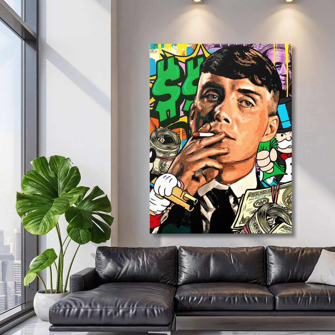 Pop art obraz muže kouřícího cigaretu s motivem peněz jako motivační obraz na plátně do obýváku