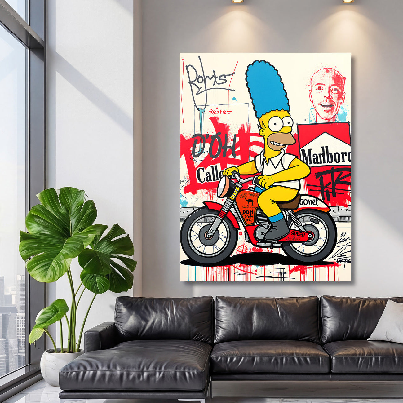 Pop art obraz na zeď do obýváku s Homérem na červené motorce ve street art stylu