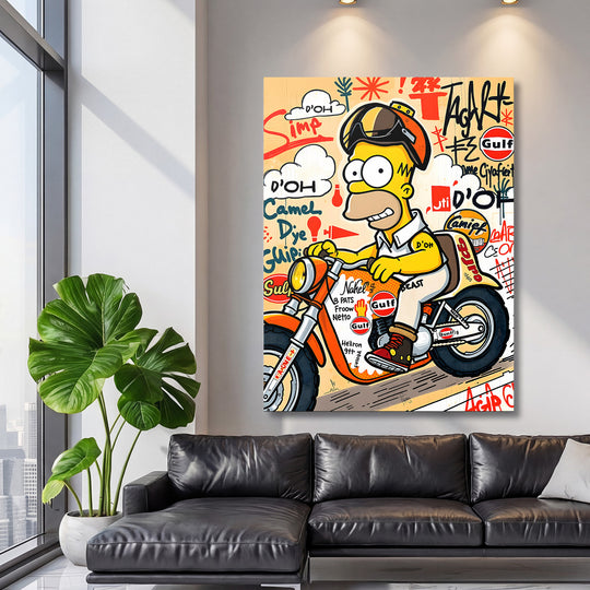 Pop art obraz Homéra na motorce s graffiti pozadím jako motivační obraz do moderního obývacího pokoje